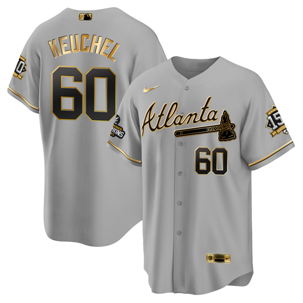 Men's Atlanta Braves #60 Dallas Keuchel 2021 Gray/Gold World Series Champions With 150th Anniversary Patch Cool Base Stitched Jersey